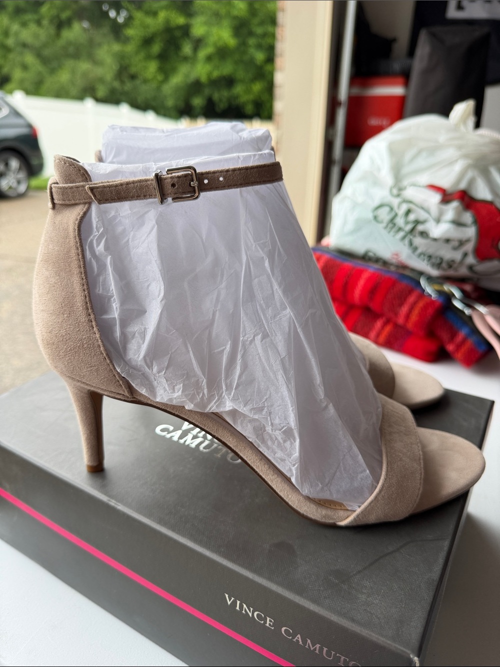 Vince Camuto Sebatani Taupe Suede Ankle Strap Heels